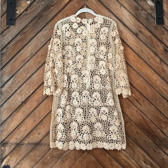 Vintage 60s lace embroidered flower dress medium ivory boho hippie - Picture 2 of 12